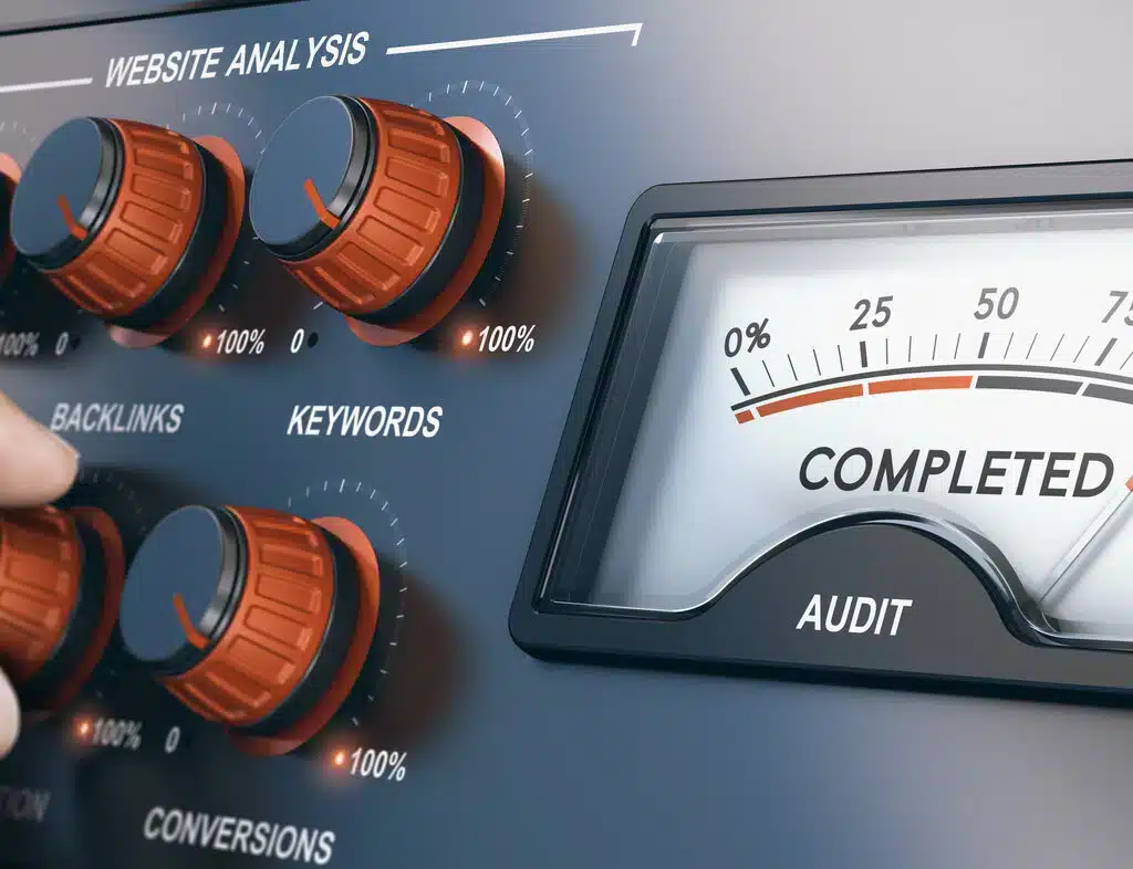 A website analysis dashboard featuring a hand adjusting labelled dials for enterprise SEO audit metrics.